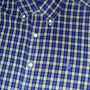Ralph Lauren Button Down Shirt Men’s Blue Green Plaid Long Sleeve - Large